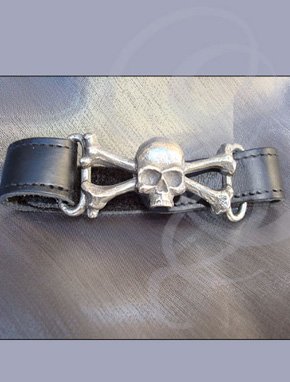 Leather wrist strap with pewter skull and bones